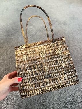 Vintage Floral Woven Rattan Mini Zipper Tote Bag Tropical Coconut Girl Wicker